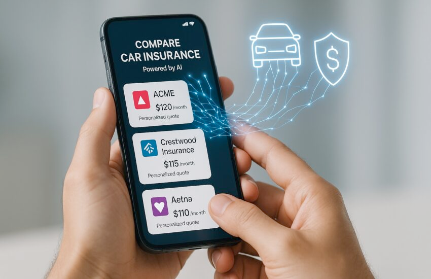 A phone screen showing various low insurance rates, representing the comparison service